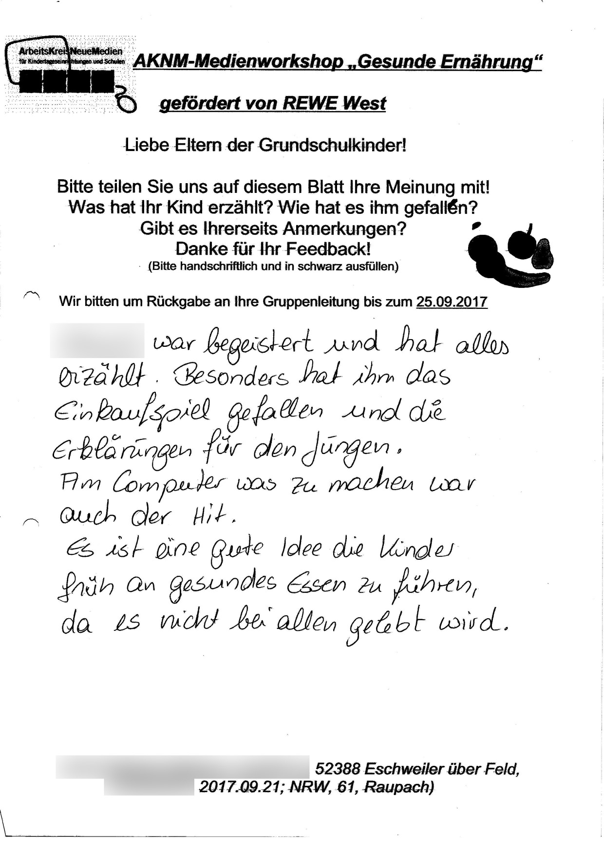 Eltern - Gesunde Ernährung - 21.09.17 - RW - Eschweiler über Feld