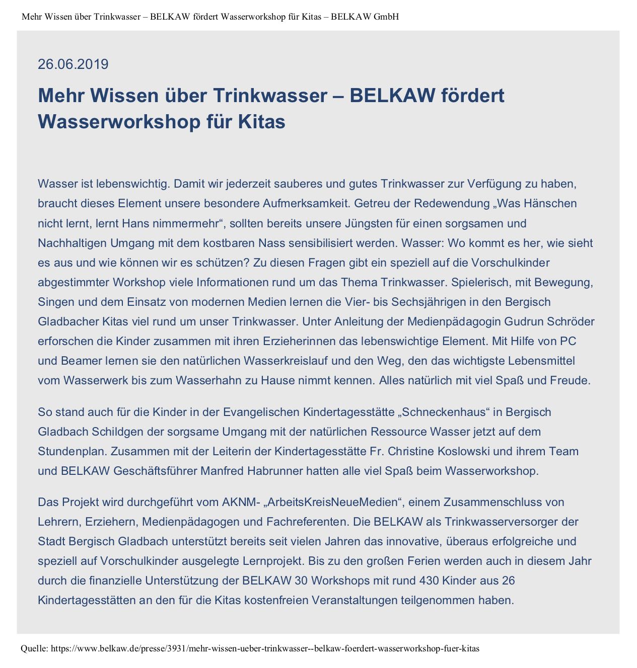 Informationen zum Trinkwasser im Bergischen - BELKAW GmbH