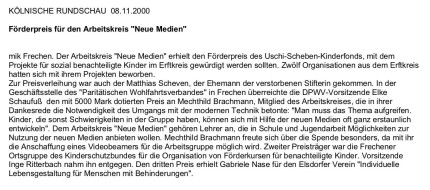 2000.11.08 - Kölnische Rundschau - Föderpreis für den Arbeitskreis Neue Medien - Jugendarbeit - Frechen