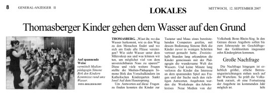 2007.09.12 - Bonner General-Anzeiger - Thomasberger Kinder gehen dem Wasser auf den Grund - Wasser - Königswinter-Thomasberg - VoBa Bonn Rhein-Sieg