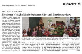 2008.10.07 - Kölner Stadt-Anzeiger Nr. 234 - Frechener Vorschulkinder bekamen Obst und Ernährungstipps - GesErn - Frechen - RW