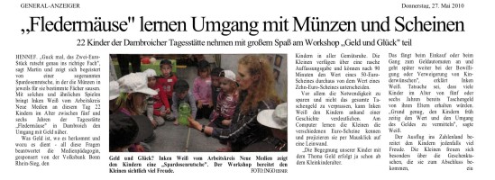 2010.05.27 - General-Anzeiger - Fledermäuse lernen Umgang mit Münzen und Scheinen - ZaGuG - Hennef - VoBa Bonn