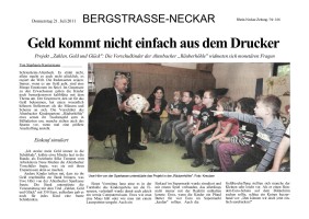 2011.07.21 - Rhein-Neckar Zeitung - Geld kommt nicht einfach aus dem Drucker - ZaGuG - Schriesheim-Altenbach - SK Rhein-Neckar-Nord