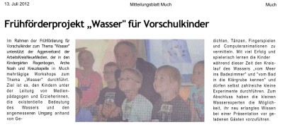 2012.07.13 - Mitteilungsblatt Much - Frühförderprojekt Wasser für Vorschulkinder - Wasser - Much - Aggerverband