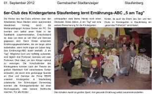 2012.09.01 - Gernbacher Stadtanzeiger - 6er Club des Kindergartens Staufenberg lernt Ernährungs-ABC 5 am Tag - GesErn - Staufenberg - RSW