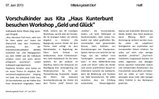 2013.06.07 - Mitteilungsblatt Eitorf - Vorschulkinder aus Kita Haus Kunterbunt besuchen Workshop Geld und Glück - ZaGuG - Halft - VoBa Bonn