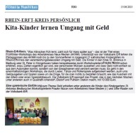 2013.06.15 - Kölnische Rundschau - Kita-Kinder lernen Umgang mit Geld - ZaGuG - Bedburg - VoBa Erft